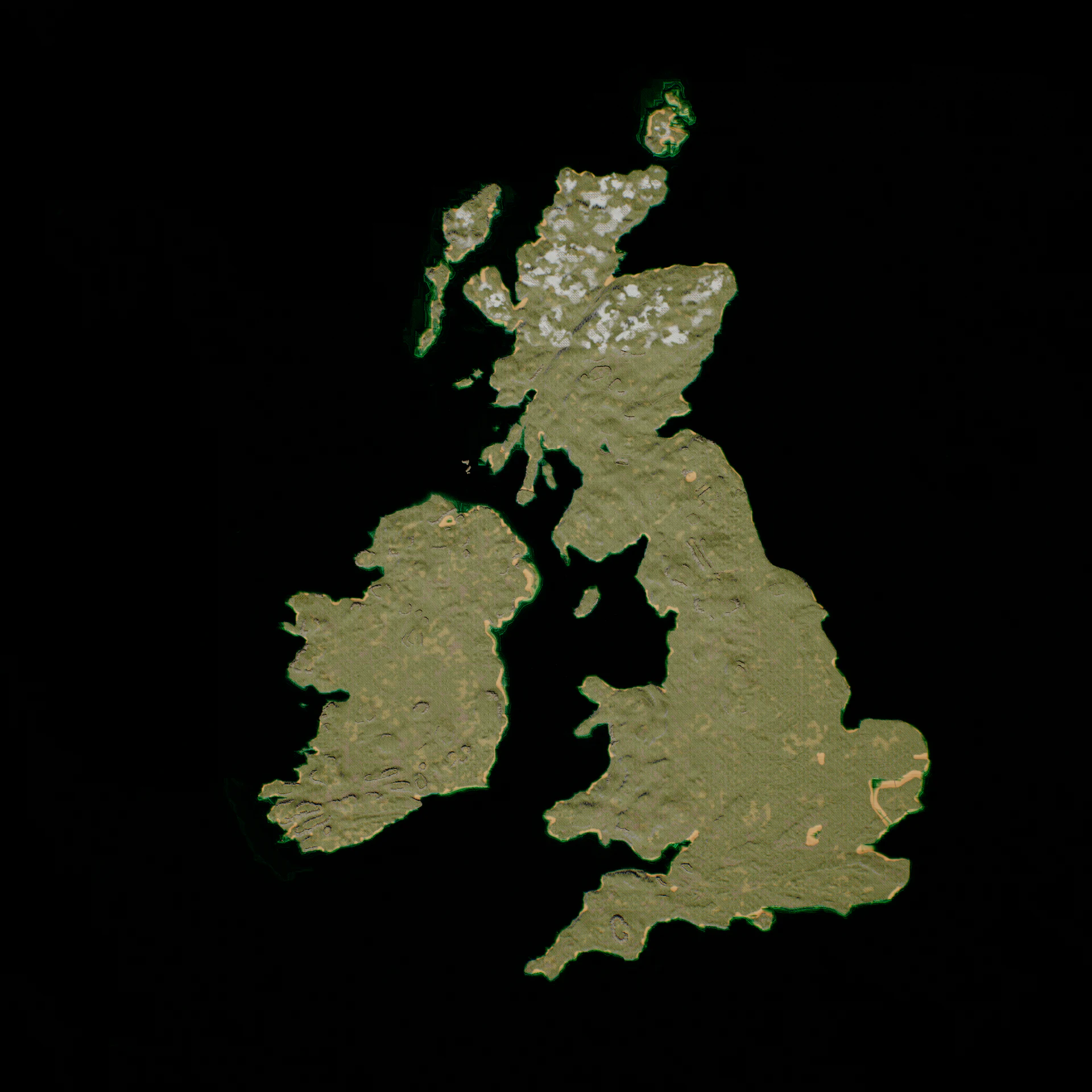 Long-range terrain overview of the playable landscape of Britain and Ireland